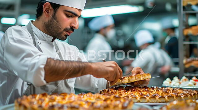 فن الطهي والخبز وإعداد الحلويات, المأكولات العربية الشعبية, حلويات من المطبخ السعودي ،صورة مقربة لشيف عربي خليجي سعودي يرتدي زي الطهاة ويقوم بتجضير وصفات الحلا الشرقية المميزة 