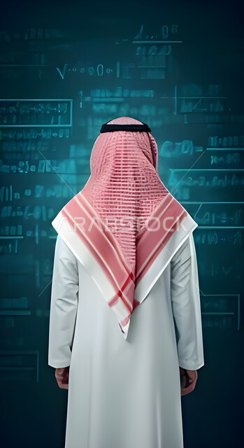 مفهوم علوم الرياضيات و الإحصاء, صورة من الخلف لرجل عربي خليجي سعودي يرتدي الثوب و الشماغ, التطور الرقمي و التقني, أرقام و قوانين رياضية, خلفية هولوجرامية ثلاثية الأبعاد