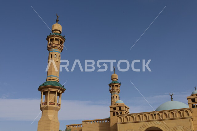 أماكن لأداء الفرائض الدينية و الصلوات, الفن الهندسي المعماري لبناء المساجد في المملكة العربية السعودية, مفهوم العبادة و التقرب إلى الله تعالى، تصاميم القبب والمآذن المزخرفة على الطراز الإسلامي، جامع في مدينة الرياض وقت النهار