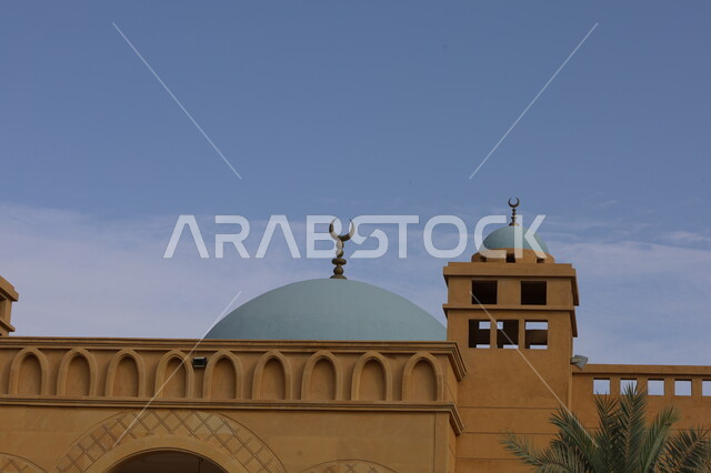 أماكن لأداء الفرائض الدينية و الصلوات, الفن الهندسي المعماري لبناء المساجد في المملكة العربية السعودية, مفهوم العبادة و التقرب إلى الله تعالى، تصاميم القبب والمآذن المزخرفة على الطراز الإسلامي، جامع في مدينة الرياض وقت النهار