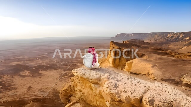 التكوينات الصخرية الطبيعية في المملكة العربية السعودية، الطبيعة الصحراوية و الجبال والتشكيلات الصخرية، أماكن سياحية في السعودية، صورة من الخلف لرجل عربي خليجي سعودي يرتدي الثوب والشماغ يتأمل منظر السماء الصافية نهارا
