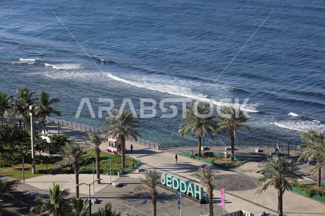 الاهتمام بزراعة أشجار النخيل على الواجهة البحرية على شواطئ البحر الأحمر, قدوم السياح من شتى أنحاء العالم إلى مدينة جدة الساحلية, أماكن الرحلات السياحية المشهورة, الاستمتاع بمنظر البحر في وقت النهار بالمملكة، النزهات العائلية في العطلة الصيفية.