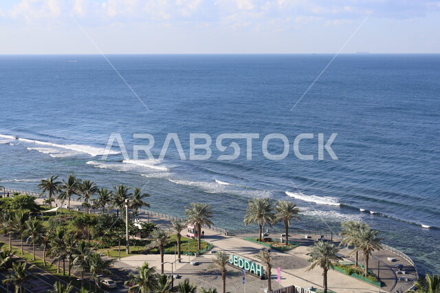 الاهتمام بزراعة أشجار النخيل على الواجهة البحرية على شواطئ البحر الأحمر, قدوم السياح من شتى أنحاء العالم إلى مدينة جدة الساحلية, أماكن الرحلات السياحية المشهورة, الاستمتاع بمنظر البحر في وقت النهار بالمملكة، النزهات العائلية في العطلة الصيفية.