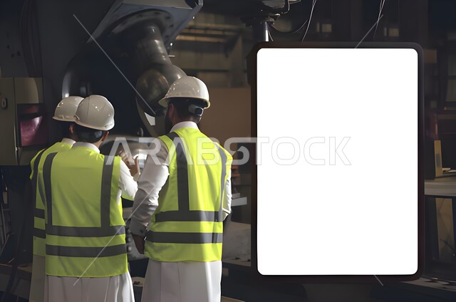 مفهوم التعاون في العمل, مجموعة من المهندسين الخليجيون العربيون السعوديون يرتدون خوذة الحماية والسترة مع الثوب وفي الجانب لوح ابيض فارغ, التنقاش والتحاور بجانب آلة تصنيع الحديد داخل مصنع الحديد لتطوير آلية انتاجها