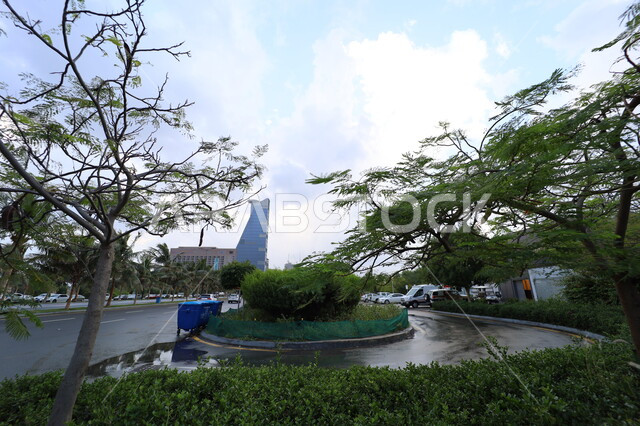 Waterfront in Saudi Arabia, famous tourist attractions, the new Corniche Tower in the coastal city, the urban growth and development of facilities and skyscrapers in Jeddah, cloudy weather and cloudy skies, palm trees and green plants on the roads of tourist cities