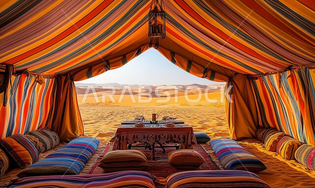 المنسوجات المطرزة المصنوعة بشكل يدوي, المفروشات والوسائد الملونة, الديكور الداخلي للخيمة البدوية التقليدية, الحياة البرية في المملكة, طاولة الضيافة الخشبية المنخفضة, الخيم الشعبية القديمة في السعودية, التصميم التراثي السعودي