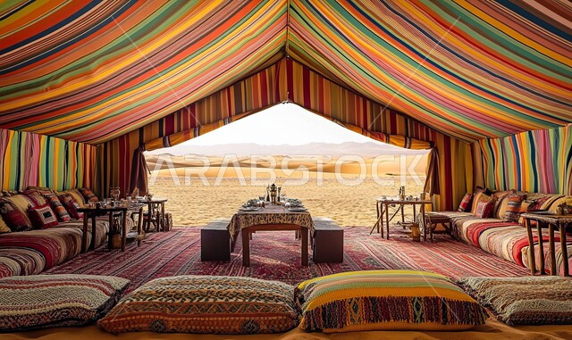 Handmade embroidered textiles, colorful upholstery and pillows, interior decoration of the traditional Bedouin tent, wildlife in the Kingdom, low wooden hospitality table, old popular tents in Saudi Arabia, Saudi heritage design