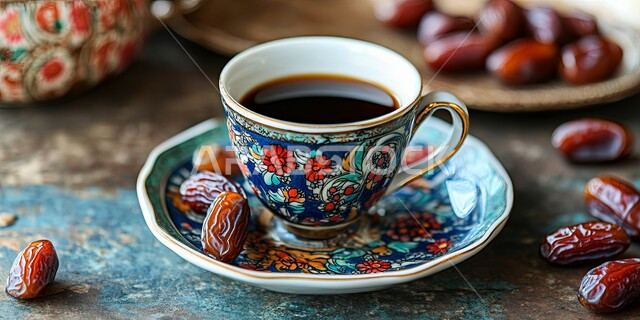 منتجات وطنية محلية، عادات وتقاليد المجتمع السعودي في الضيافة, طقوس الاحتفال بالأعياد والمناسبات الدينية, حسن الضيافة والاستقبال، فنجان من القهوة مع التمر, تقديم المشروبات الساخنة مع التمور السكرية الصحية