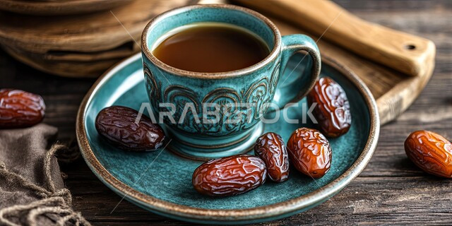 منتجات وطنية محلية، عادات وتقاليد المجتمع السعودي في الضيافة, طقوس الاحتفال بالأعياد والمناسبات الدينية, حسن الضيافة والاستقبال، فنجان من القهوة مع التمر, تقديم المشروبات الساخنة مع التمور السكرية الصحية