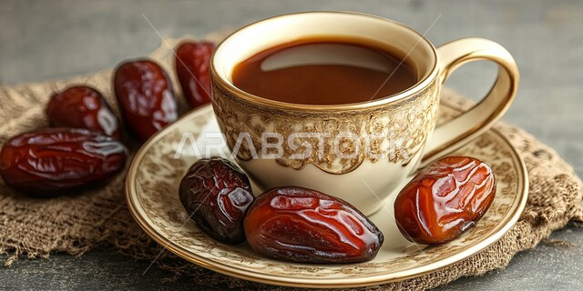 منتجات وطنية محلية، عادات وتقاليد المجتمع السعودي في الضيافة, طقوس الاحتفال بالأعياد والمناسبات الدينية, حسن الضيافة والاستقبال، فنجان من القهوة مع التمر, تقديم المشروبات الساخنة مع التمور السكرية الصحية