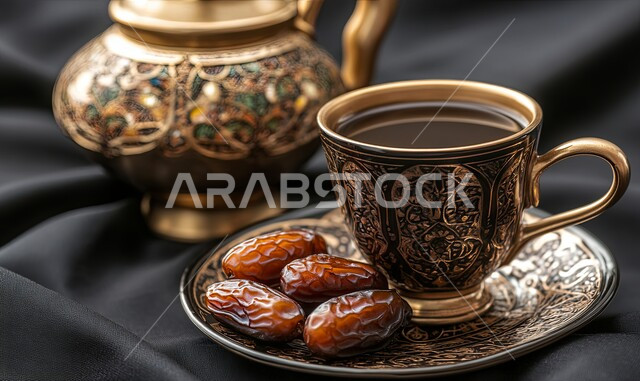 منتجات وطنية محلية، عادات وتقاليد المجتمع السعودي في الضيافة, طقوس الاحتفال بالأعياد والمناسبات الدينية, حسن الضيافة والاستقبال، فنجان من القهوة مع التمر, تقديم المشروبات الساخنة مع التمور السكرية الصحية