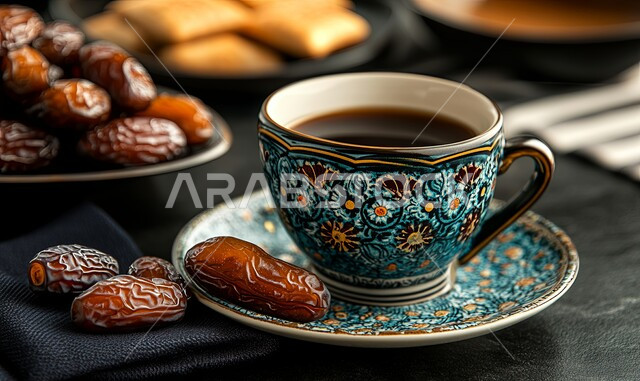 منتجات وطنية محلية، عادات وتقاليد المجتمع السعودي في الضيافة, طقوس الاحتفال بالأعياد والمناسبات الدينية, حسن الضيافة والاستقبال، فنجان من القهوة مع التمر, تقديم المشروبات الساخنة مع التمور السكرية الصحية