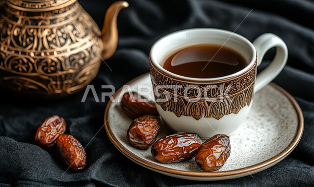 منتجات وطنية محلية، عادات وتقاليد المجتمع السعودي في الضيافة, طقوس الاحتفال بالأعياد والمناسبات الدينية, حسن الضيافة والاستقبال، فنجان من القهوة مع التمر, تقديم المشروبات الساخنة مع التمور السكرية الصحية