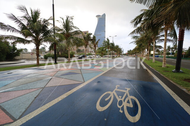 الأجواء الغائمة والسماء الملبدة بالغيوم, أشجار النخيل والنباتات الخضراء في طرقات المدن السياحية، مسار الدراجات الملون في الشوارع، معالم السياحة المشهورة في السعودية، حركة مرور السيارات في المدينة الساحلية, النمو والتطور العمراني للمنشآت وناطحات السحاب في جدة