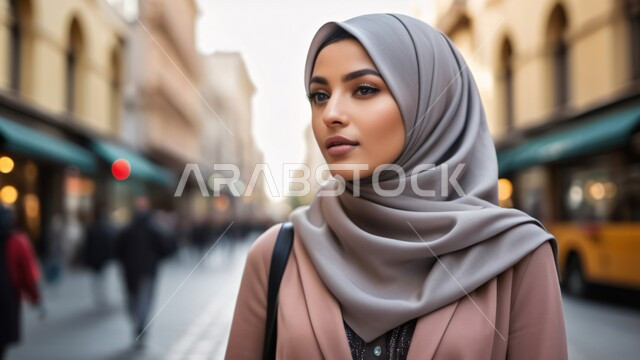 مفهوم الأنوثة والنعومة، الاهتمام بالمظهر الخارجي والأناقة، أزياء محجبات عصرية راقية، النظر إلى مكان ما بايماءات الثقة بالنفس، صورة مقربة لامرأة عربية خليجية سعودية محجبة مبتسمة