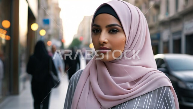 مفهوم الأنوثة والنعومة، الاهتمام بالمظهر الخارجي والأناقة، أزياء محجبات عصرية راقية، النظر إلى مكان ما بايماءات الثقة بالنفس، صورة مقربة لامرأة عربية خليجية سعودية محجبة مبتسمة