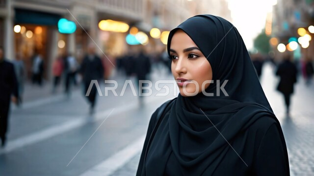 مفهوم الأنوثة والنعومة، الاهتمام بالمظهر الخارجي والأناقة، أزياء محجبات عصرية راقية، النظر إلى مكان ما بايماءات الثقة بالنفس، صورة مقربة لامرأة عربية خليجية سعودية محجبة مبتسمة