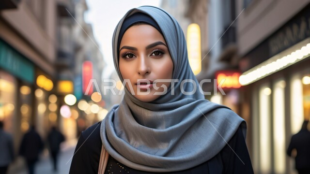 مفهوم الأنوثة والنعومة، الاهتمام بالمظهر الخارجي والأناقة، أزياء محجبات عصرية راقية، النظر إلى الكاميرا بايماءات الثقة بالنفس، صورة مقربة لامرأة عربية خليجية سعودية محجبة مبتسمة