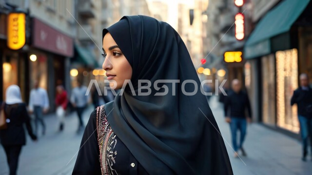 مفهوم الأنوثة والنعومة، الاهتمام بالمظهر الخارجي والأناقة، أزياء محجبات عصرية راقية، النظر إلى مكان ما بايماءات الثقة بالنفس، صورة مقربة لامرأة عربية خليجية سعودية محجبة مبتسمة