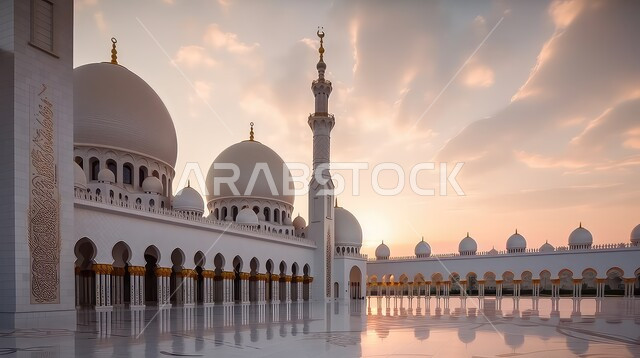 الفن الهندسي المعماري في بناء المساجد على الطراز الإسلامي العربي، المعالم الدينية الإسلامية المشهورة، مسجد الشيخ زايد بن سلطان آل نهيان الكبير في إمارة ابو ظبي، وجهات جذب واستقطاب السياح في الإمارات العربية المتحدة، غروب الشمس فوق المآذن الشامخة والقبب العريقة
