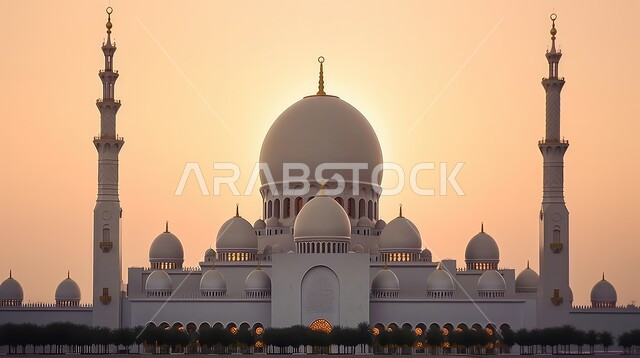 المعالم الدينية الإسلامية المشهورة، مسجد الشيخ زايد بن سلطان آل نهيان الكبير في إمارة ابو ظبي، الفن الهندسي المعماري في بناء المساجد على الطراز الإسلامي العربي، وجهات جذب واستقطاب السياح في الإمارات العربية المتحدة، غروب الشمس فوق المآذن الشامخة والقبب العريقة