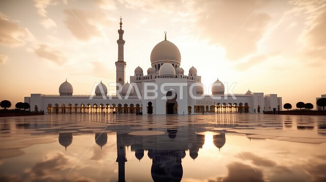 المعالم الدينية الإسلامية المشهورة، مسجد الشيخ زايد بن سلطان آل نهيان الكبير في إمارة ابو ظبي، الفن الهندسي المعماري في بناء المساجد على الطراز الإسلامي العربي، وجهات جذب واستقطاب السياح في الإمارات العربية المتحدة، غروب الشمس فوق المآذن الشامخة والقبب العريقة