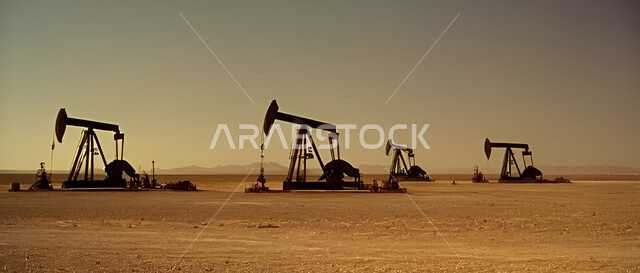 حفارات تقوم بالتنقيب عن النفط وسط الكثبان الرملية في المناطق الصحراوية, آلات حفر ضخمة, استخراج وتصدير الثروات الباطنية، جودة الأدوات والمعدات الصناعة، مراكز تخزين البترول في صحارى المملكة العربية السعودية، منصة نفط لاستنباط الزيوت وقت غروب الشمس