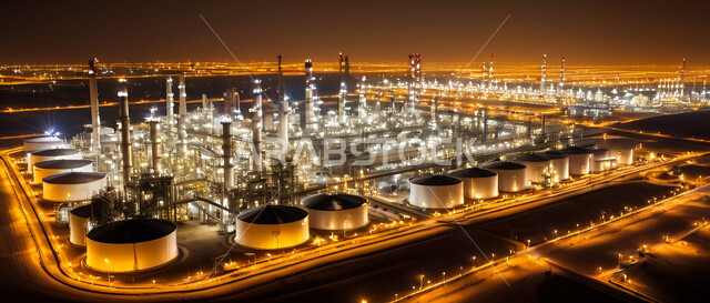 مصفاة تكرير النفط والغاز, إضاءة الأبراج والهياكل المعدنية في وقت الليل, مستودعات وخزانات كبيرة وضخمة، مصانع ومعامل النفط في المملكة العربية السعودية, مفهوم هندسة البترول في دول الخليج, صناعات ومشاريع بتروكيماوية، النهضة بالاقتصاد الوطني السعودي