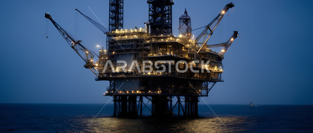 استخراج وتصدير الثروات الباطنية، حفارة تقوم بالتنقيب عن النفط وسط البحر ليلا, جودة الأدوات والمعدات الصناعة، مراكز تخزين البترول في المملكة العربية السعودية، منصة نفط لاستنباط الزيوت، جودة آلات الحفر الضخمة المضيئة، محطات التعدين البحري