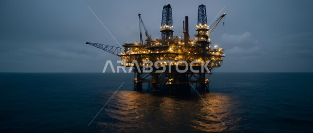 استخراج وتصدير الثروات الباطنية، حفارة تقوم بالتنقيب عن النفط وسط البحر ليلا, جودة الأدوات والمعدات الصناعة، مراكز تخزين البترول في المملكة العربية السعودية، منصة نفط لاستنباط الزيوت، جودة آلات الحفر الضخمة المضيئة، محطات التعدين البحري