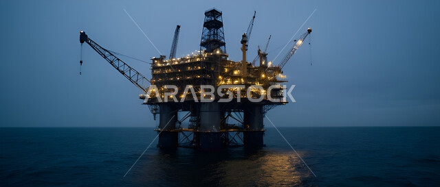 استخراج وتصدير الثروات الباطنية، حفارة تقوم بالتنقيب عن النفط وسط البحر ليلا, جودة الأدوات والمعدات الصناعة، مراكز تخزين البترول في المملكة العربية السعودية، منصة نفط لاستنباط الزيوت، جودة آلات الحفر الضخمة المضيئة، محطات التعدين البحري