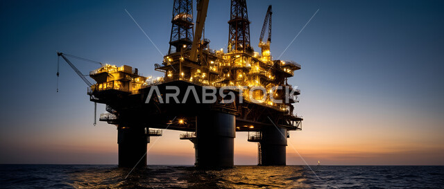 Offshore mining stations, extraction and export of underground resources, a drilling rig drilling for oil in the middle of the sea at night, quality of industrial tools and equipment, oil storage centers in Saudi Arabia, an oil platform for extracting oil, quality of large illuminated drilling machines