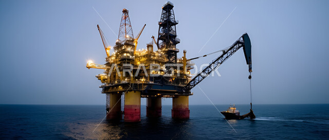 محطات التعدين البحري، استخراج وتصدير الثروات الباطنية، حفارة تقوم بالتنقيب عن النفط وسط البحر ليلا, جودة الأدوات والمعدات الصناعة، مراكز تخزين البترول في المملكة العربية السعودية، منصة نفط لاستنباط الزيوت، جودة آلات الحفر الضخمة المضيئة 