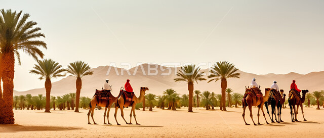 قافلة من الإبل تسير فوق الكثبان الرملية في طريق صحراوي، تربية الجمال والنوق العربية في المحميات الطبيعية في البادية، الطبيعة والرمال الذهبية الناعمة في المملكة العربية السعودية، حيوانات التنقل و الترحال في القدم، رحلات السفاري السياحية في المناطق الصحراوية