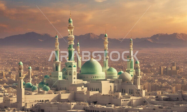Architectural engineering art of mosques, distinctive decorations and designs in the Islamic style for domes and minarets, luxurious Arabic mosque, worship and closeness to God, performing duties and prayers