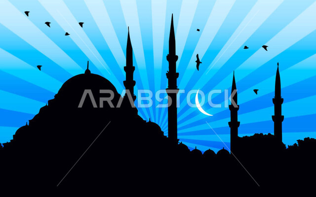 العبادة والتقرب إلى الله تعالى, نداء المسلمين لأداء الفرائض والصلوات, صورة ظلية لقبب ومآذن المساجد الاسلامية, الأجواء الروحانية المتميزة, الفن الهندسي المعماري على الطراز العربي الاسلامي القديم