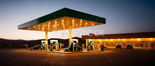 محطة محروقات مضيئة في أحد شوارع المملكة العربية السعودية، محطة بنزين متطورة في الطرقات، تزويد السيارات بالوقود اللازم لعملها وإكمال الطريق، وسائل النقل الحديثة والسريعة، خلفية السماء وقت غروب الشمس