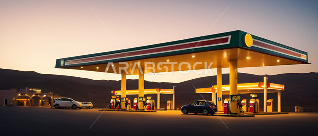 محطة محروقات مضيئة في أحد شوارع المملكة العربية السعودية، محطة بنزين متطورة في الطرقات، تزويد السيارات بالوقود اللازم لعملها وإكمال الطريق، وسائل النقل الحديثة والسريعة، خلفية السماء وقت غروب الشمس