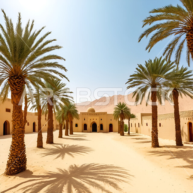 المباني التاريخية الأثرية القديمة, العراقة والأصالة والتراث السعودي, البيوت والمنازل الطينية المنية على الطراز العربي القديم، قرية شعبية تراثية في صحراء المملكة العربية السعودية، تضاريس المناطق الصحراوية والكثبان الرملية، زراعة أشجار النخيل والاهتمام بالطبيعة