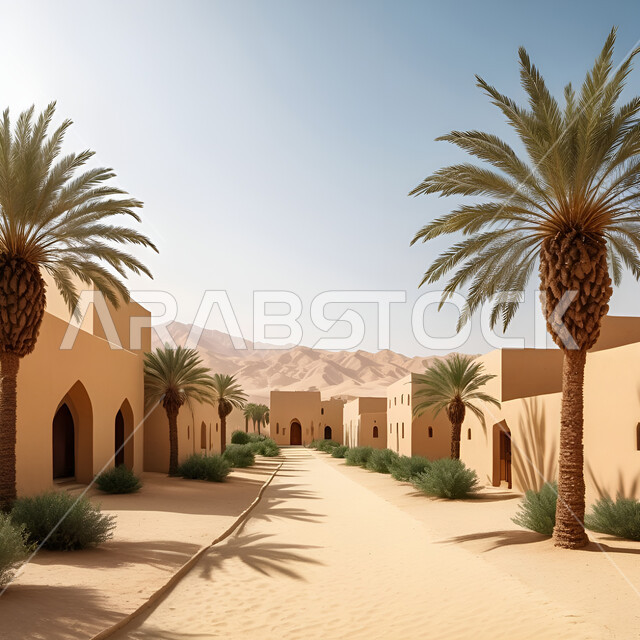 Old historical buildings, authenticity, Saudi heritage, old Arabic style mud houses and homes, a traditional village in the desert of the Kingdom of Saudi Arabia, the topography of desert areas and sand dunes, planting palm trees and caring for nature