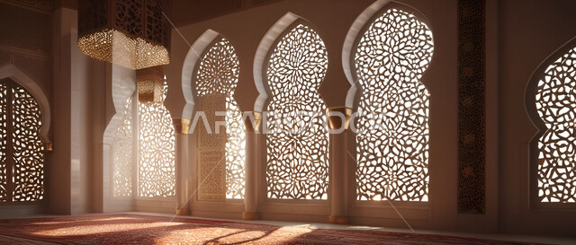 زخارف ونقوش إسلامية في أحد المساجد في المملكة العربية السعودية، الديكورات والتصاميم الداخلية المعمارية على الطراز الإسلامي، دخول ضوء الشمس عبر النوافذ المزخرفة لداخل المسجد، الأجواء الإيمانية الروحانية الدافئة، مكان العبادات والطاعات وأداء الفرائض