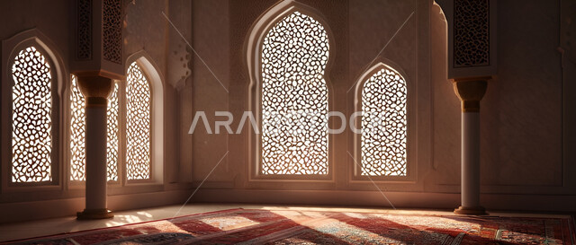 زخارف ونقوش إسلامية في أحد المساجد في المملكة العربية السعودية، الديكورات والتصاميم الداخلية المعمارية على الطراز الإسلامي، دخول ضوء الشمس عبر النوافذ المزخرفة لداخل المسجد، الأجواء الإيمانية الروحانية الدافئة، مكان العبادات والطاعات وأداء الفرائض