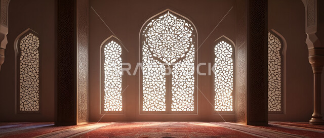 زخارف ونقوش إسلامية في أحد المساجد في المملكة العربية السعودية، الديكورات والتصاميم الداخلية المعمارية على الطراز الإسلامي، دخول ضوء الشمس عبر النوافذ المزخرفة لداخل المسجد، الأجواء الإيمانية الروحانية الدافئة، مكان العبادات والطاعات وأداء الفرائض