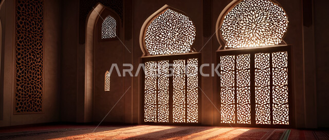 زخارف ونقوش إسلامية في أحد المساجد في المملكة العربية السعودية، الديكورات والتصاميم الداخلية المعمارية على الطراز الإسلامي، دخول ضوء الشمس عبر النوافذ المزخرفة لداخل المسجد، الأجواء الإيمانية الروحانية الدافئة، مكان العبادات والطاعات وأداء الفرائض