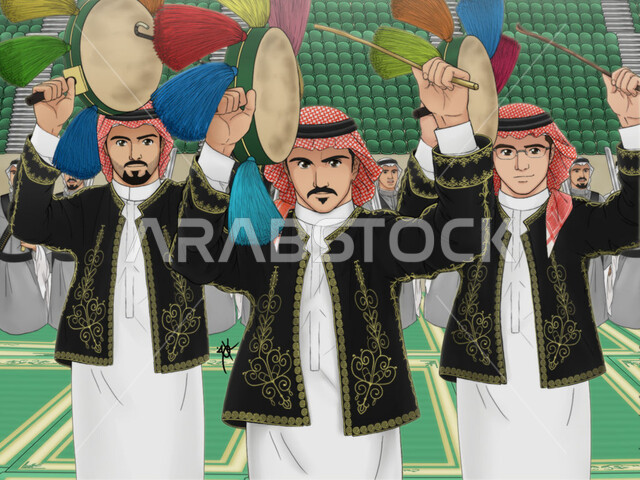 الاحتفال بيوم العلم السعودي 11 مارس، تأسيس الدولة السعودية الأولى 1727  م، رسوم كرتونية ثلاثسة الابعاد لفرقة العرضة النجدية والأهازيج والرقص الشعبي، ارتداء الدقلة والغترة الشعبية، فنون وعروض الفلكلور التراثي السعودي