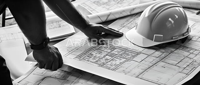 Supervision and control of engineering projects, project follow-up and work auditing, black and white close-up photo of the hands of a Saudi Arabian Gulf architect following up on the construction plan and wearing a protective helmet next to him, the concept of work in the engineering construction sector