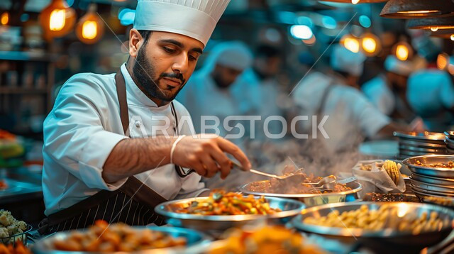  العمل في مطابخ ومطاعم المملكة العربية السعودية، تقديم المأكولات الشعبية التقليدية الشهية، صورة مقربة لشيف عربي خليجي سعودي يرتدي زي الطهاة يقوم بإعداد وتحضير الطعام، الأصناف والأطباق والمقبلات العربية الشرقية اللذيذة