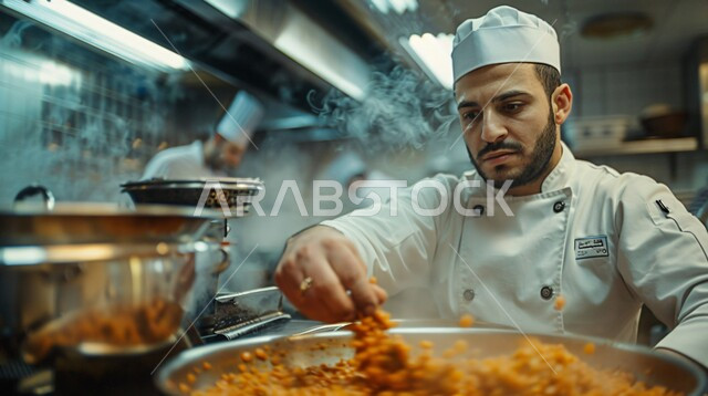  العمل في مطابخ ومطاعم المملكة العربية السعودية، تقديم المأكولات الشعبية التقليدية الشهية، صورة مقربة لشيف عربي خليجي سعودي يرتدي زي الطهاة يقوم بإعداد وتحضير الطعام، الأصناف والأطباق والمقبلات العربية الشرقية اللذيذة
