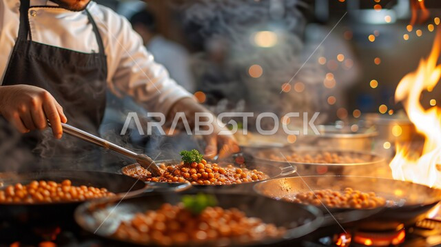  العمل في مطابخ ومطاعم المملكة العربية السعودية، تقديم المأكولات الشعبية التقليدية الشهية، صورة مقربة لشيف عربي خليجي سعودي يرتدي زي الطهاة يقوم بإعداد وتحضير الطعام، الأصناف والأطباق والمقبلات العربية الشرقية اللذيذة