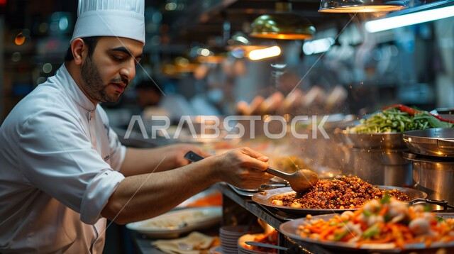  العمل في مطابخ ومطاعم المملكة العربية السعودية، تقديم المأكولات الشعبية التقليدية الشهية، صورة مقربة لشيف عربي خليجي سعودي يرتدي زي الطهاة يقوم بإعداد وتحضير الطعام، الأصناف والأطباق والمقبلات العربية الشرقية اللذيذة